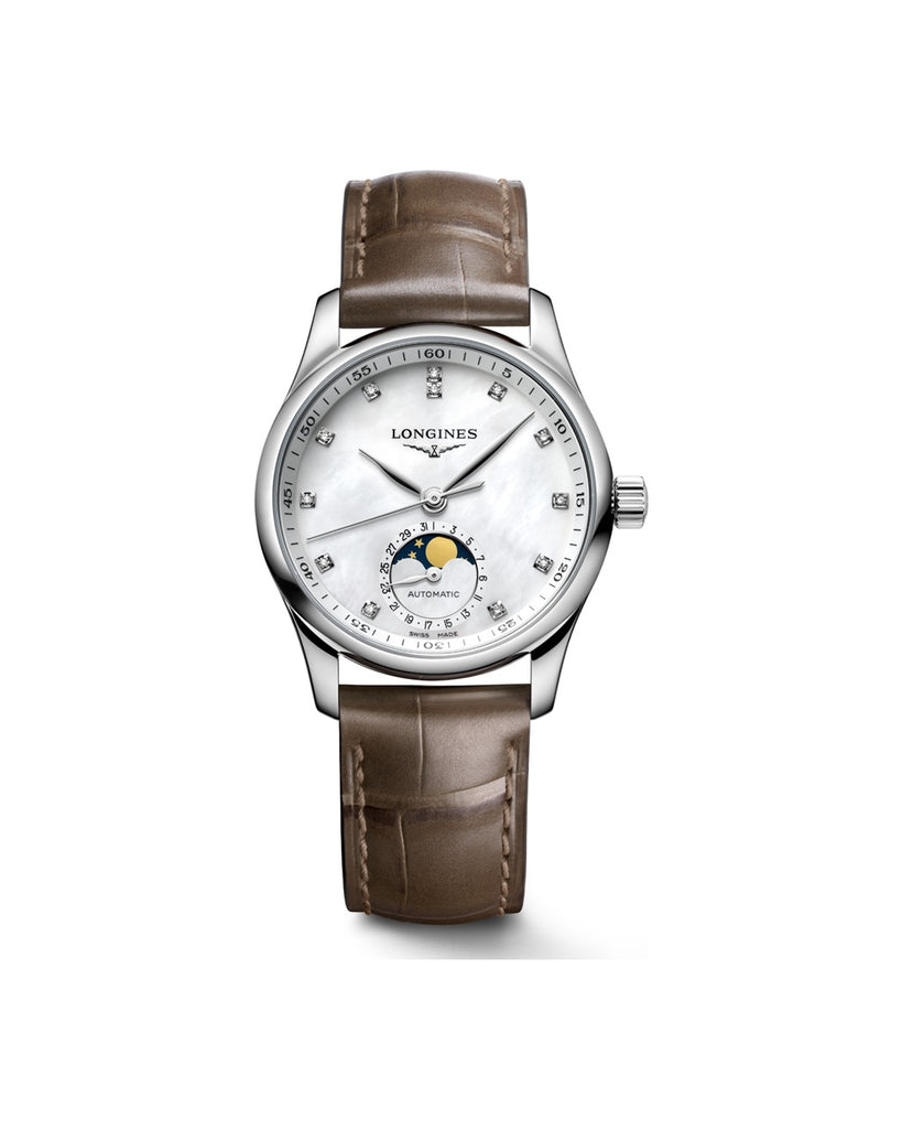 Longines Master Collection Moonphase 34mm Cadran Nacre Blanche Bracelet Alligator - L2.409.4.87.4